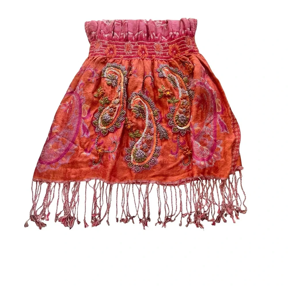 Tolani 100% Pure Silk Scarf Pink Orange Paisley Embroidered Sequin Beaded Fringe